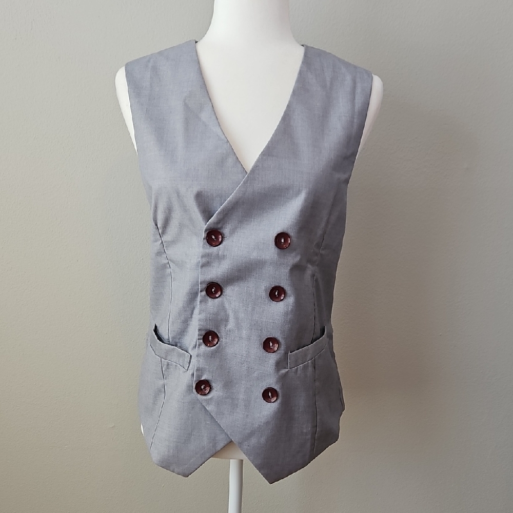 Gray Double-Breasted Vest with Red Buttons